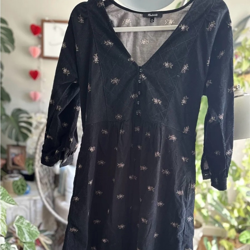 Madewell Corduroy Floral Quilted-Bib Mini Dress in Blurred Ikat